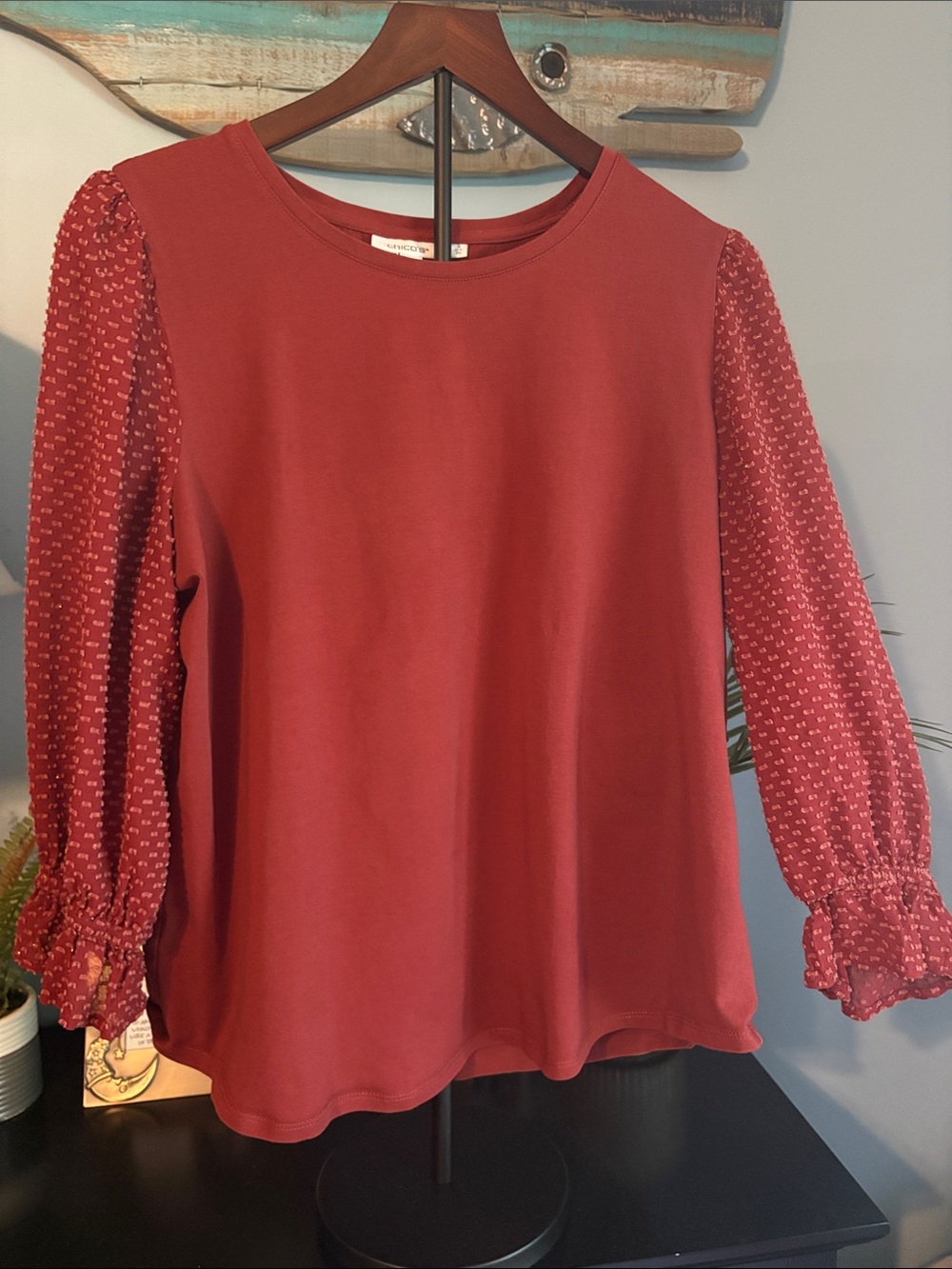 Women's Rust Long-Sleeve Blouse with Patterned Sleeves